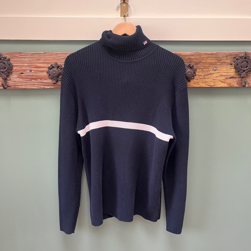 Vintage Polo  Ralph Lauren Navy‎ Blue Ribbed Turtleneck Sweater XL Cotton Stripe